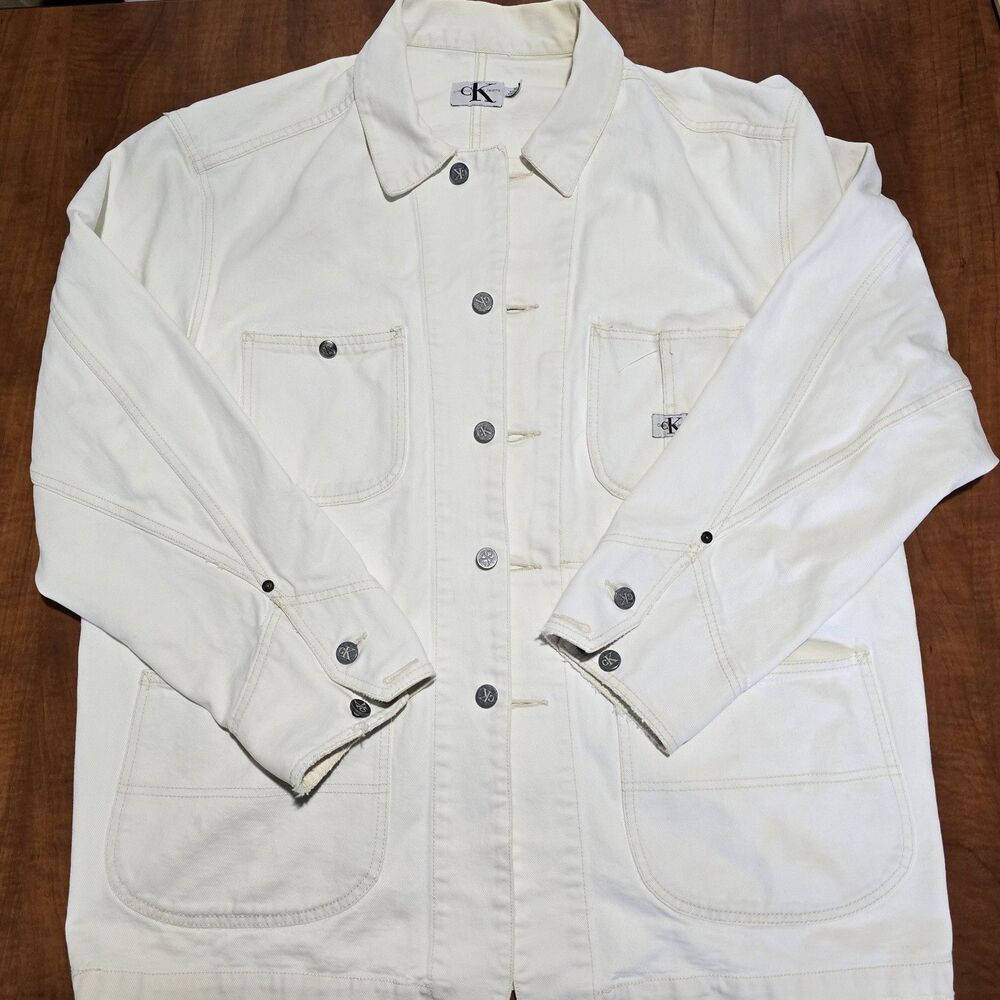 Calvin Klein Vintage 90s Button Front 4 Pocket Off White Denim Chore Jacket XL